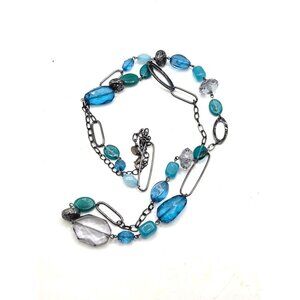 Lia Sophia   Blue & Teal Beaded Statement Necklace With Gunmetal Chain